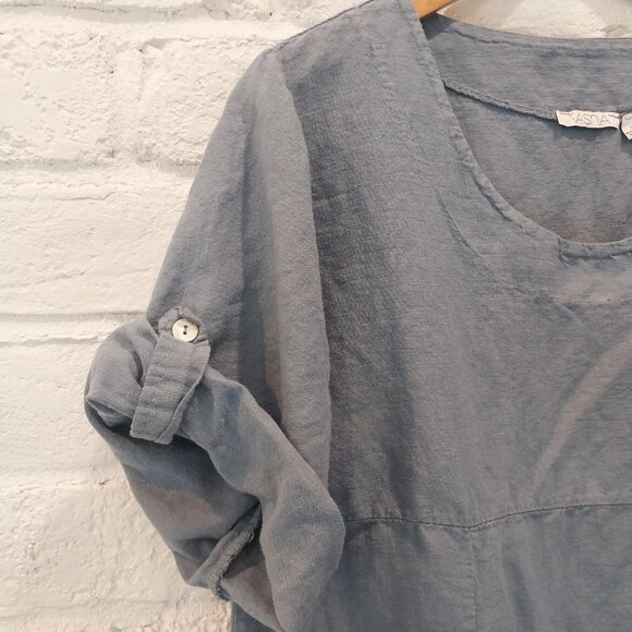 Vasna Italian 100% Linen Lagenlook Dress Large Pullover Pockets Blue Beach - Picture 3 of 9